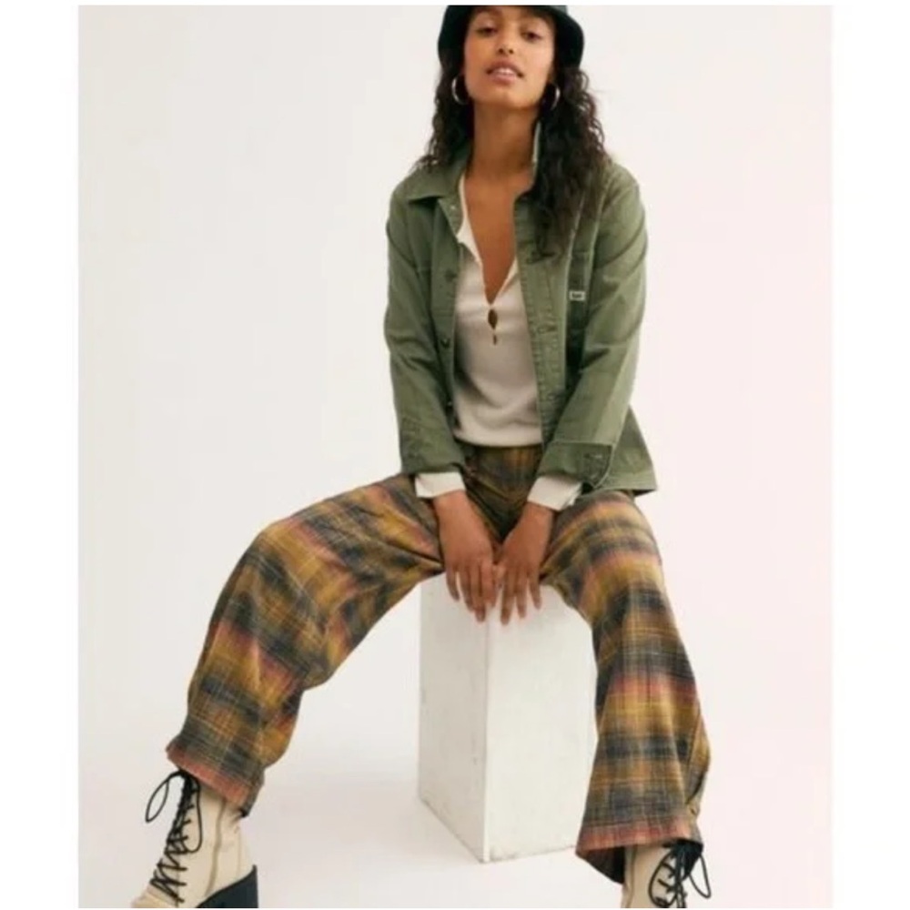 Free People Moss Combo birch plaid wide leg pant, size 0